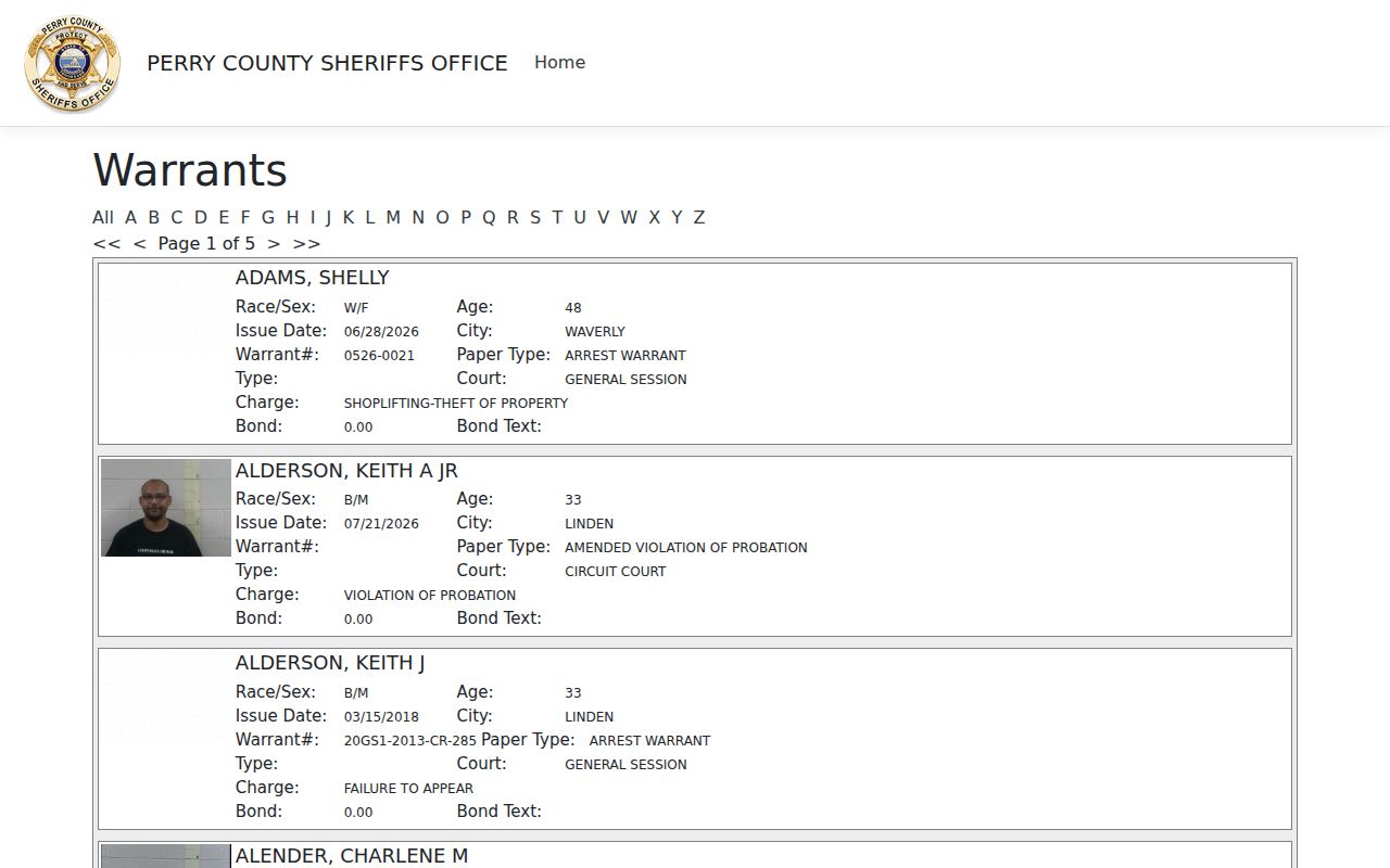 Perry County warrant search A to Z and page navigation interface
