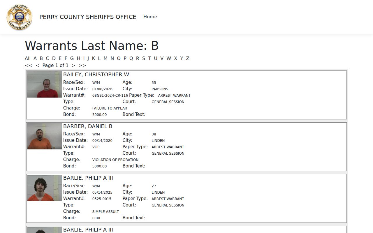 Perry County warrant search surname-letter browse controls