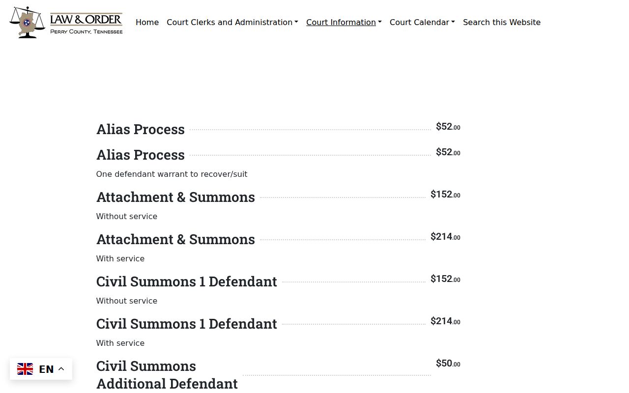 Perry County bench warrant process context beside the General Sessions civil fee schedule