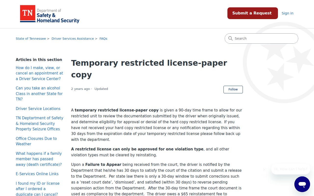 Perry County traffic warrant and Tennessee failure-to-appear driver notice guidance