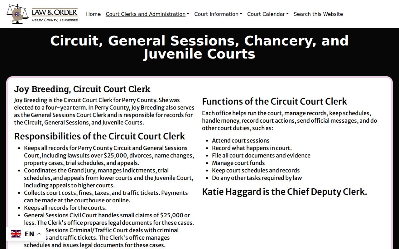 Perry County warrant records clerk routing for Circuit and General Sessions matters